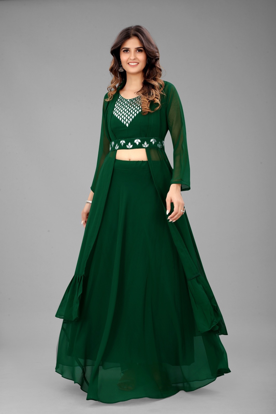 Designer Lehenga - Chiffon Fabric, Floor Length A-line Style | Embroidered Full Sleeves In Elegant Green For Party Wear