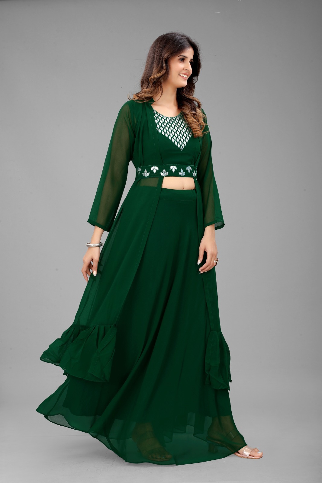 Designer Lehenga - Chiffon Fabric, Floor Length A-line Style | Embroidered Full Sleeves In Elegant Green For Party Wear