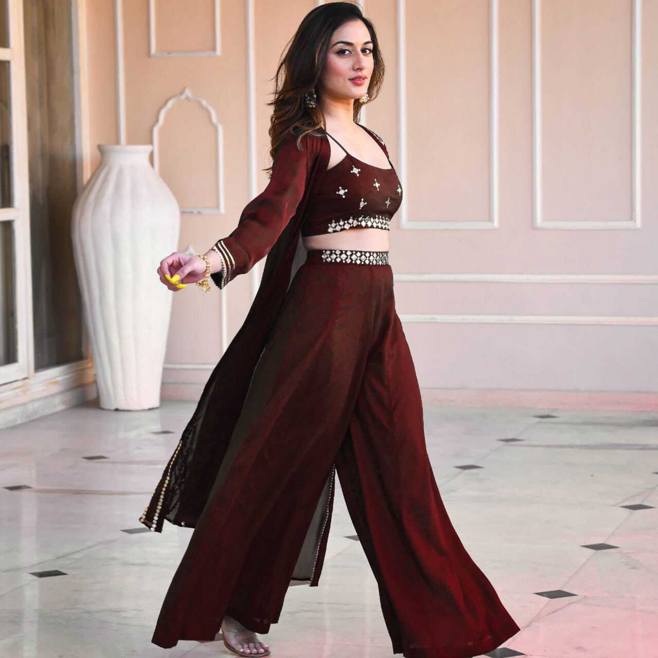 Plazzo Top Dress - American Crepe, Sizes Xs-s-m-l-xl, Maroon Color, 44-45 Inch Jacket, Elegant Style, Intricate Embroidery, Three-piece Set