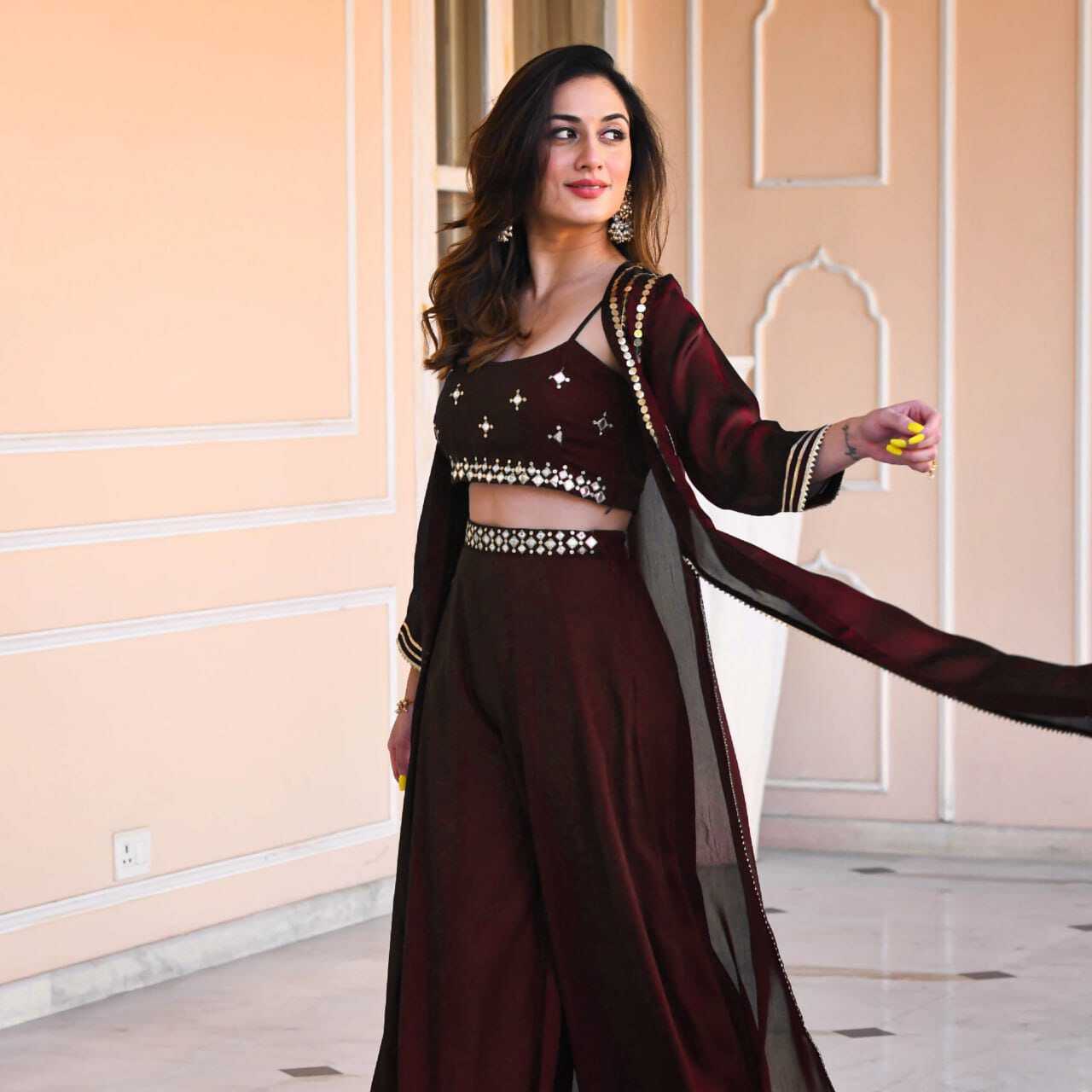 Plazzo Top Dress - American Crepe, Sizes Xs-s-m-l-xl, Maroon Color, 44-45 Inch Jacket, Elegant Style, Intricate Embroidery, Three-piece Set