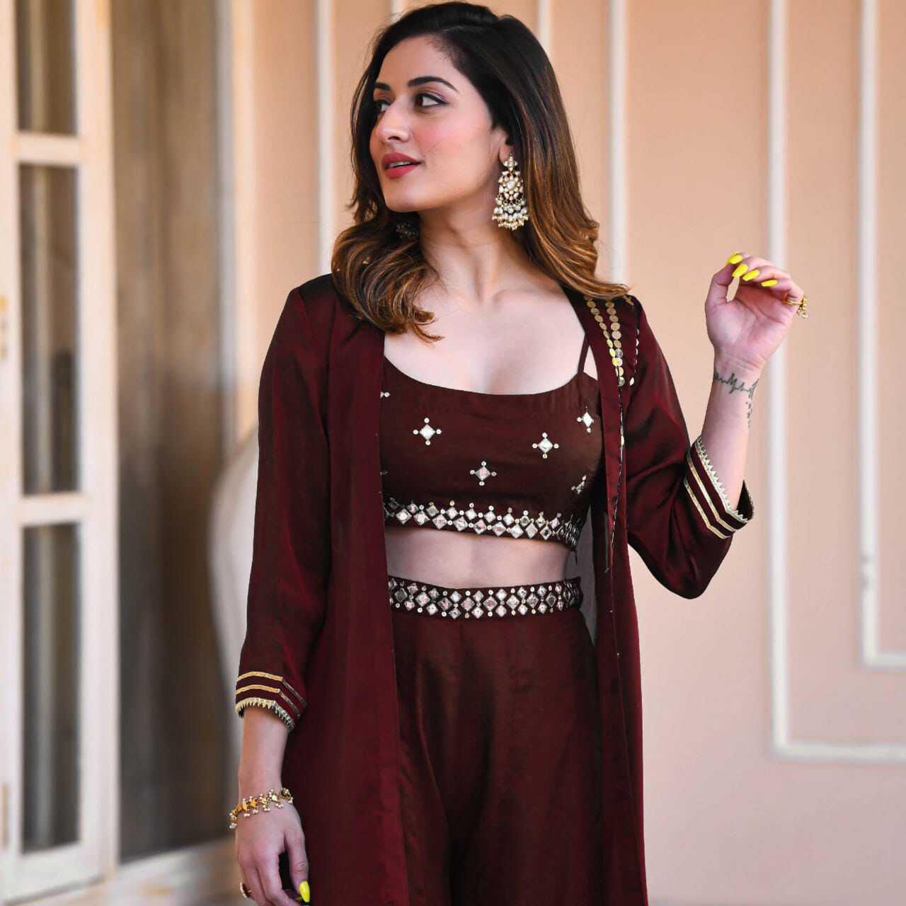 Plazzo Top Dress - American Crepe, Sizes Xs-s-m-l-xl, Maroon Color, 44-45 Inch Jacket, Elegant Style, Intricate Embroidery, Three-piece Set