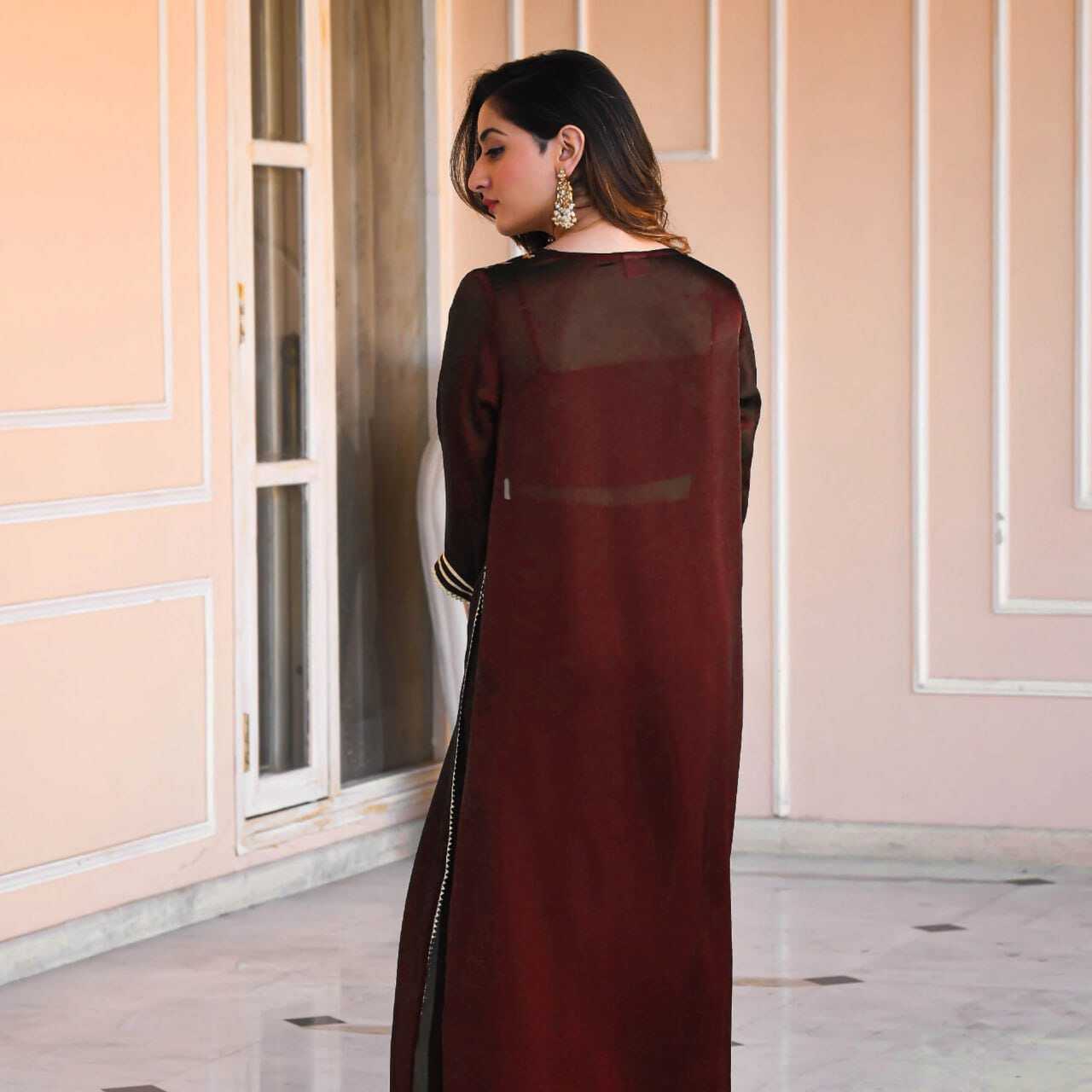 Plazzo Top Dress - American Crepe, Sizes Xs-s-m-l-xl, Maroon Color, 44-45 Inch Jacket, Elegant Style, Intricate Embroidery, Three-piece Set