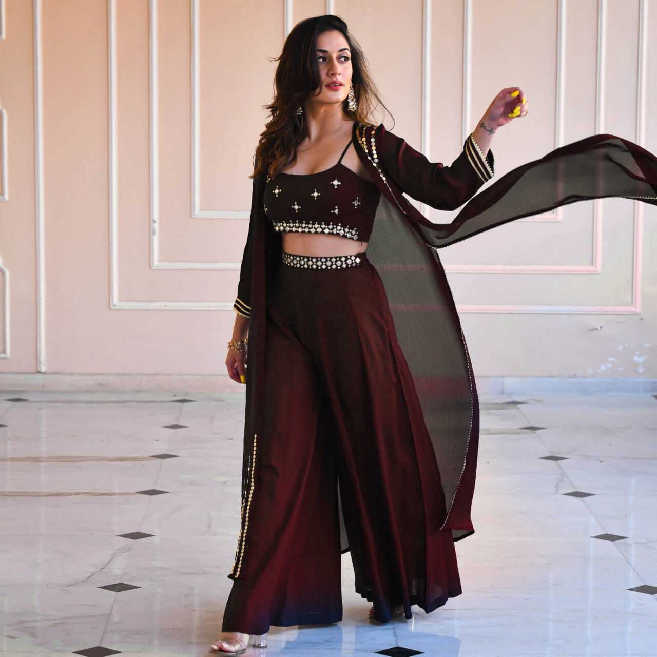 Plazzo Top Dress - American Crepe, Sizes Xs-s-m-l-xl, Maroon Color, 44-45 Inch Jacket, Elegant Style, Intricate Embroidery, Three-piece Set