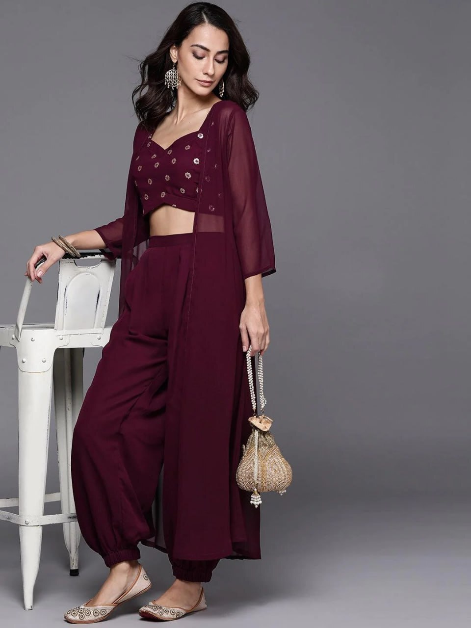 Crop Top With Dhoti Pant - Georgette Fabric, Sizes S-m-l-xl-xxl, Color: Wine | Comfortable Fit, Embroidered Detail, Stylish Three-piece Set