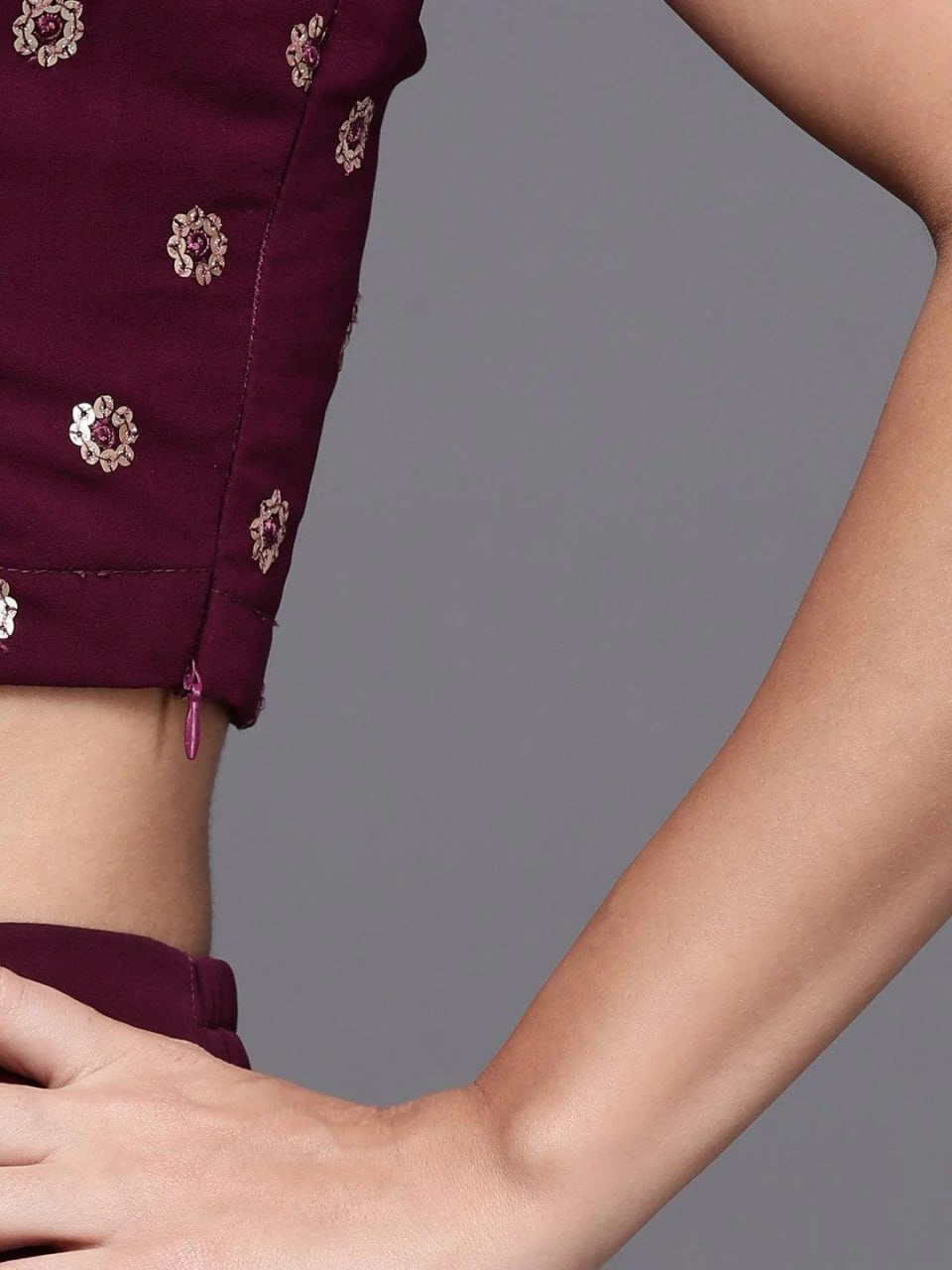 Crop Top With Dhoti Pant - Georgette Fabric, Sizes S-m-l-xl-xxl, Color: Wine | Comfortable Fit, Embroidered Detail, Stylish Three-piece Set