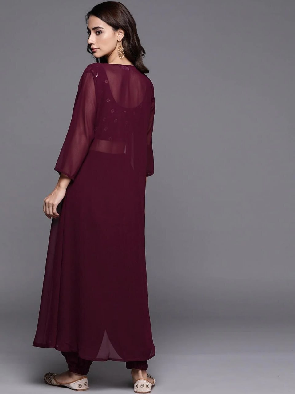 Crop Top With Dhoti Pant - Georgette Fabric, Sizes S-m-l-xl-xxl, Color: Wine | Comfortable Fit, Embroidered Detail, Stylish Three-piece Set