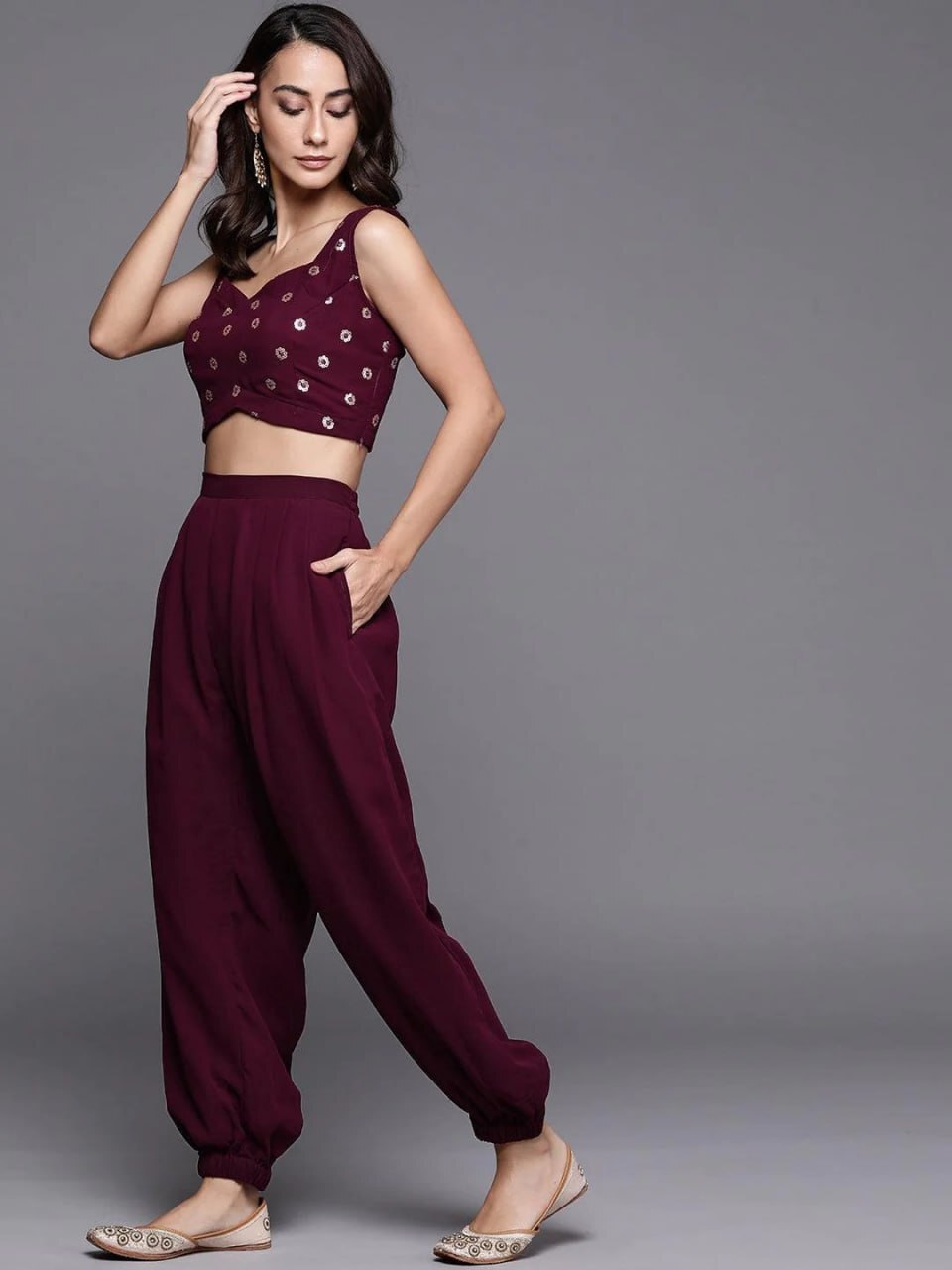 Crop Top With Dhoti Pant - Georgette Fabric, Sizes S-m-l-xl-xxl, Color: Wine | Comfortable Fit, Embroidered Detail, Stylish Three-piece Set