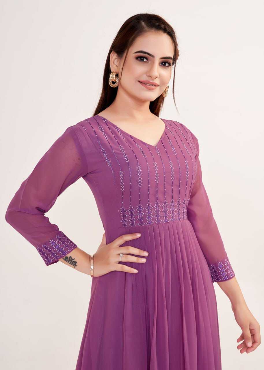 Kurti And Dupatta Set - Georgette Fabric, Sizes S-m-l-xl-xxl, Dusty Purple Color, Embroidered Design, V Neck And 3/4 Sleeves