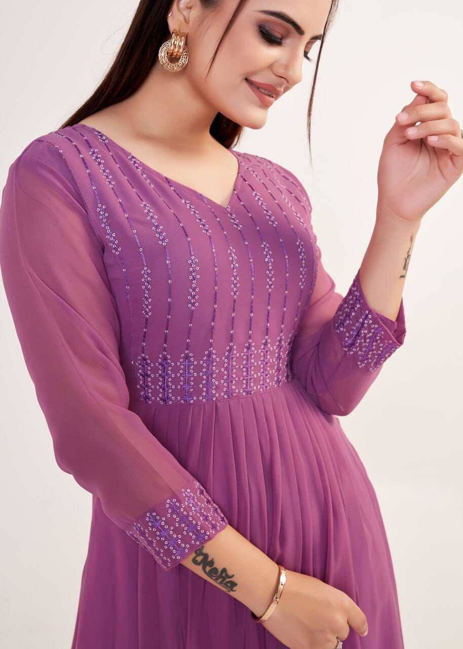 Kurti And Dupatta Set - Georgette Fabric, Sizes S-m-l-xl-xxl, Dusty Purple Color, Embroidered Design, V Neck And 3/4 Sleeves