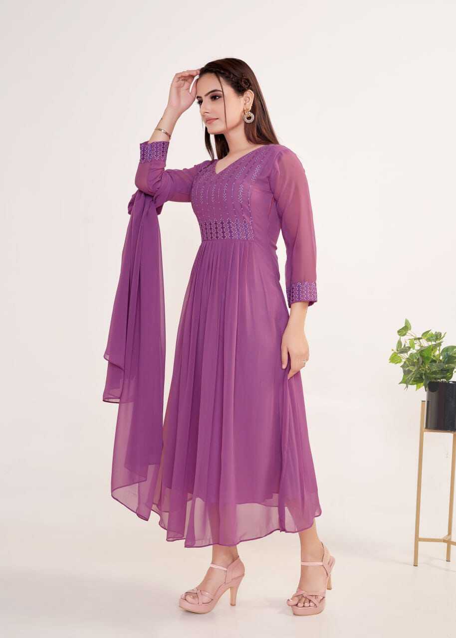 Kurti And Dupatta Set - Georgette Fabric, Sizes S-m-l-xl-xxl, Dusty Purple Color, Embroidered Design, V Neck And 3/4 Sleeves