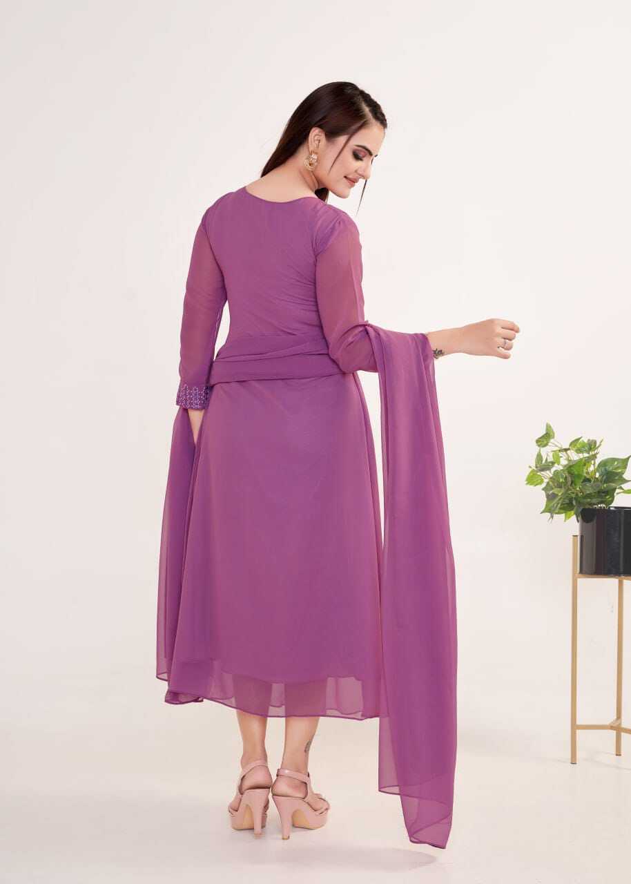 Kurti And Dupatta Set - Georgette Fabric, Sizes S-m-l-xl-xxl, Dusty Purple Color, Embroidered Design, V Neck And 3/4 Sleeves