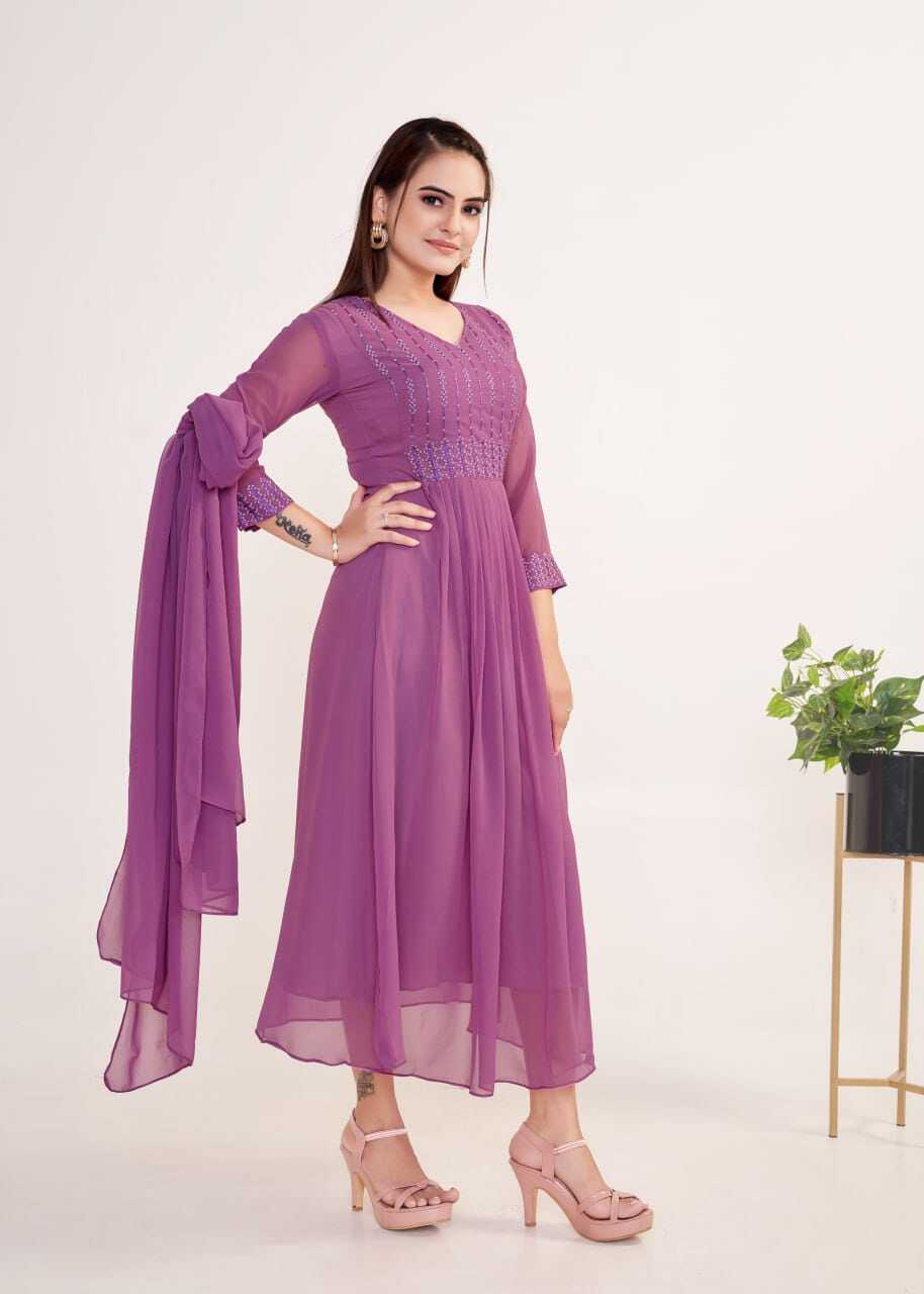 Kurti And Dupatta Set - Georgette Fabric, Sizes S-m-l-xl-xxl, Dusty Purple Color, Embroidered Design, V Neck And 3/4 Sleeves