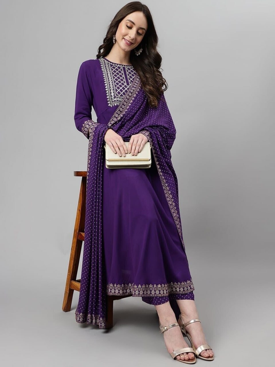 Side Bottom Kurta - Rayon Fabric, Sizes S-m-l-xl-xxl, Purple Color | Stylish 3-piece Set With Embroidery And Block Print Detail