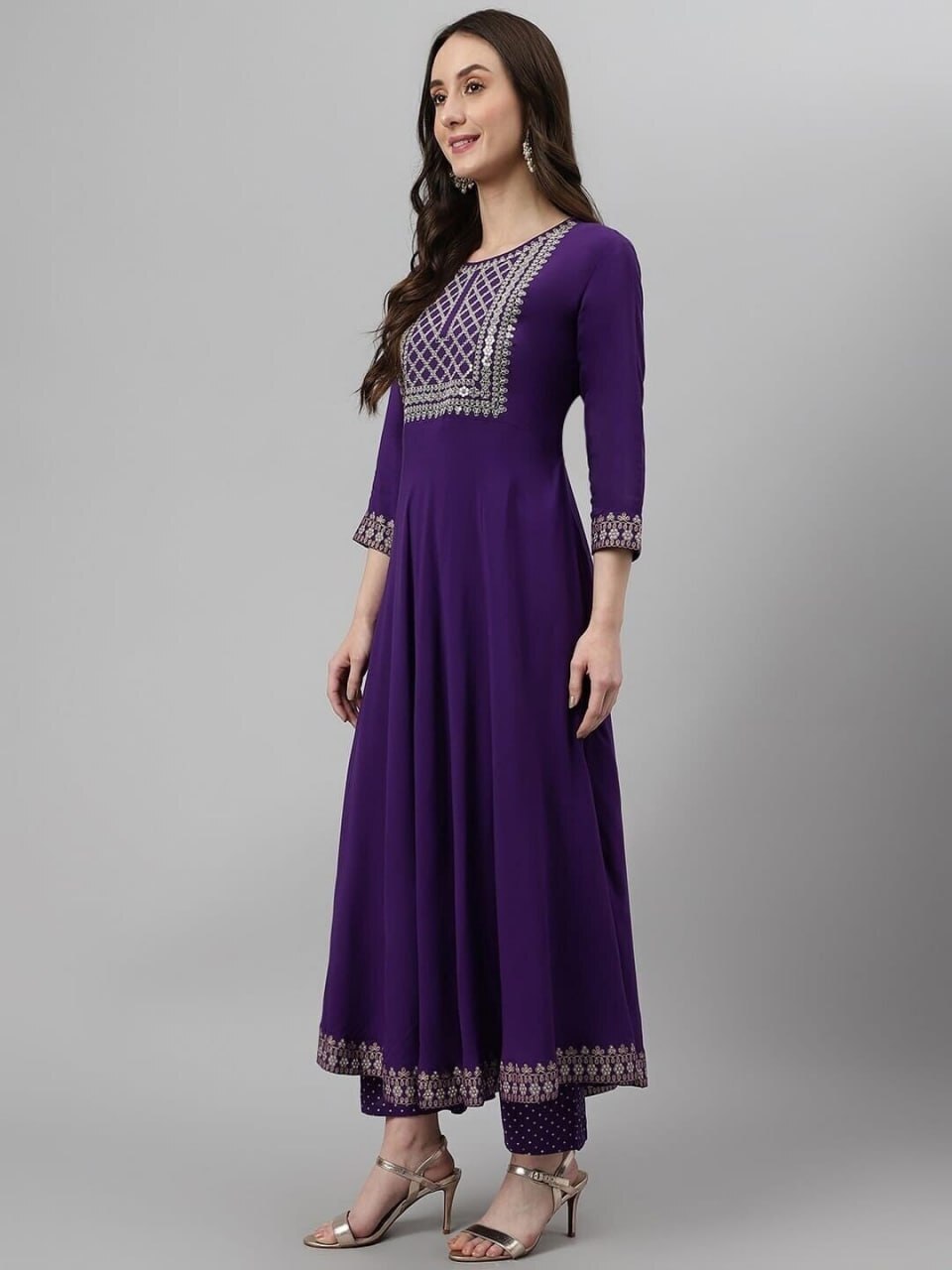 Side Bottom Kurta - Rayon Fabric, Sizes S-m-l-xl-xxl, Purple Color | Stylish 3-piece Set With Embroidery And Block Print Detail