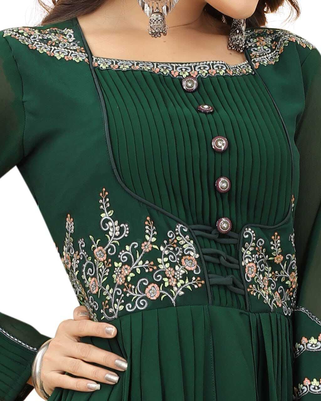 Georgette Embroidered A-line Gown - Heavy American Crepe Lining, 3/4 Sleeve In Elegant Green | Sizes S-xxl, Ready To Ship