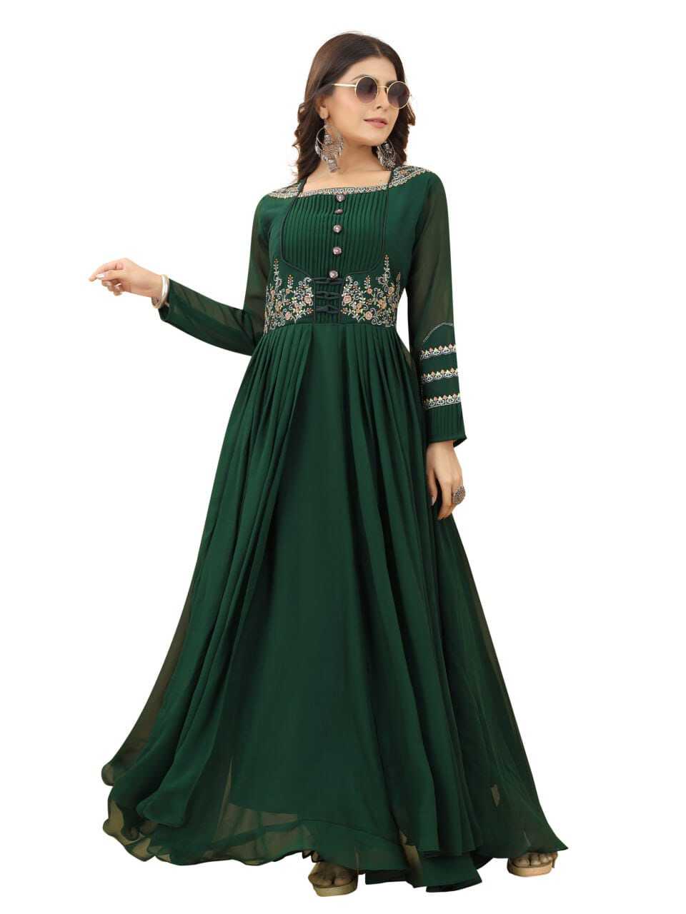 Georgette Embroidered A-line Gown - Heavy American Crepe Lining, 3/4 Sleeve In Elegant Green | Sizes S-xxl, Ready To Ship