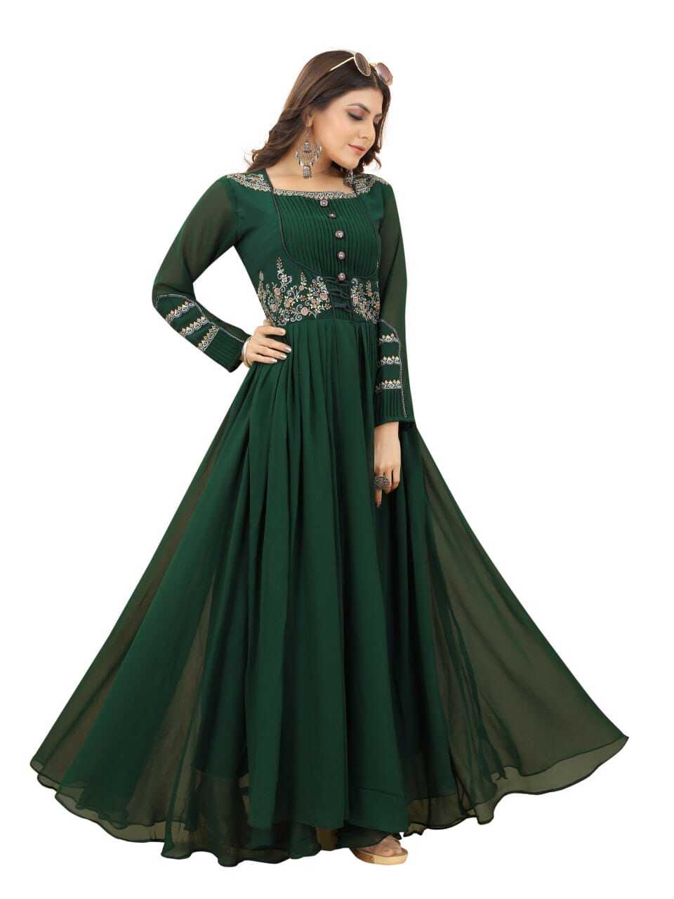 Georgette Embroidered A-line Gown - Heavy American Crepe Lining, 3/4 Sleeve In Elegant Green | Sizes S-xxl, Ready To Ship