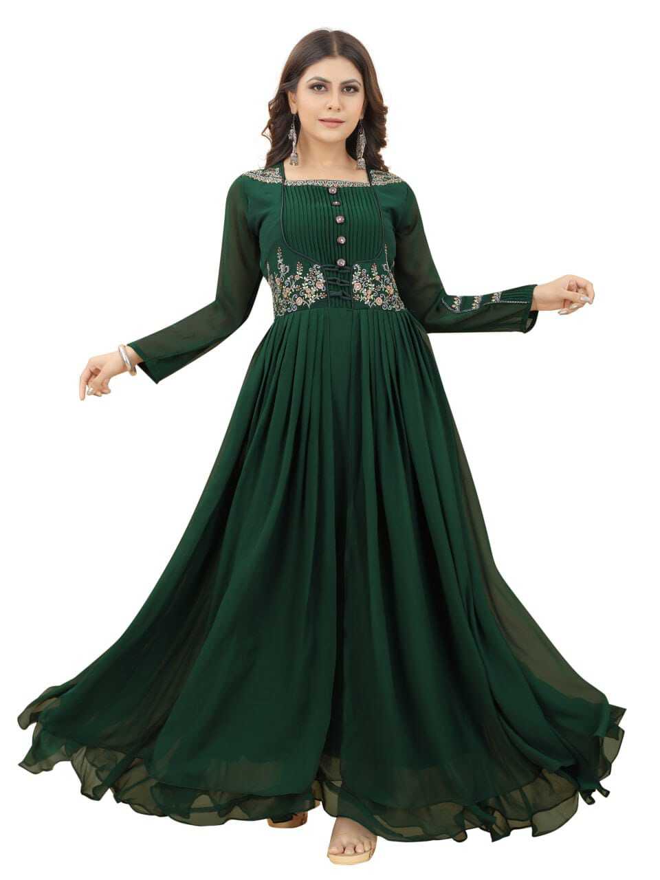 Georgette Embroidered A-line Gown - Heavy American Crepe Lining, 3/4 Sleeve In Elegant Green | Sizes S-xxl, Ready To Ship