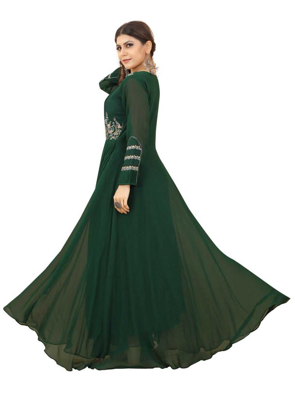 Georgette Embroidered A-line Gown - Heavy American Crepe Lining, 3/4 Sleeve In Elegant Green | Sizes S-xxl, Ready To Ship