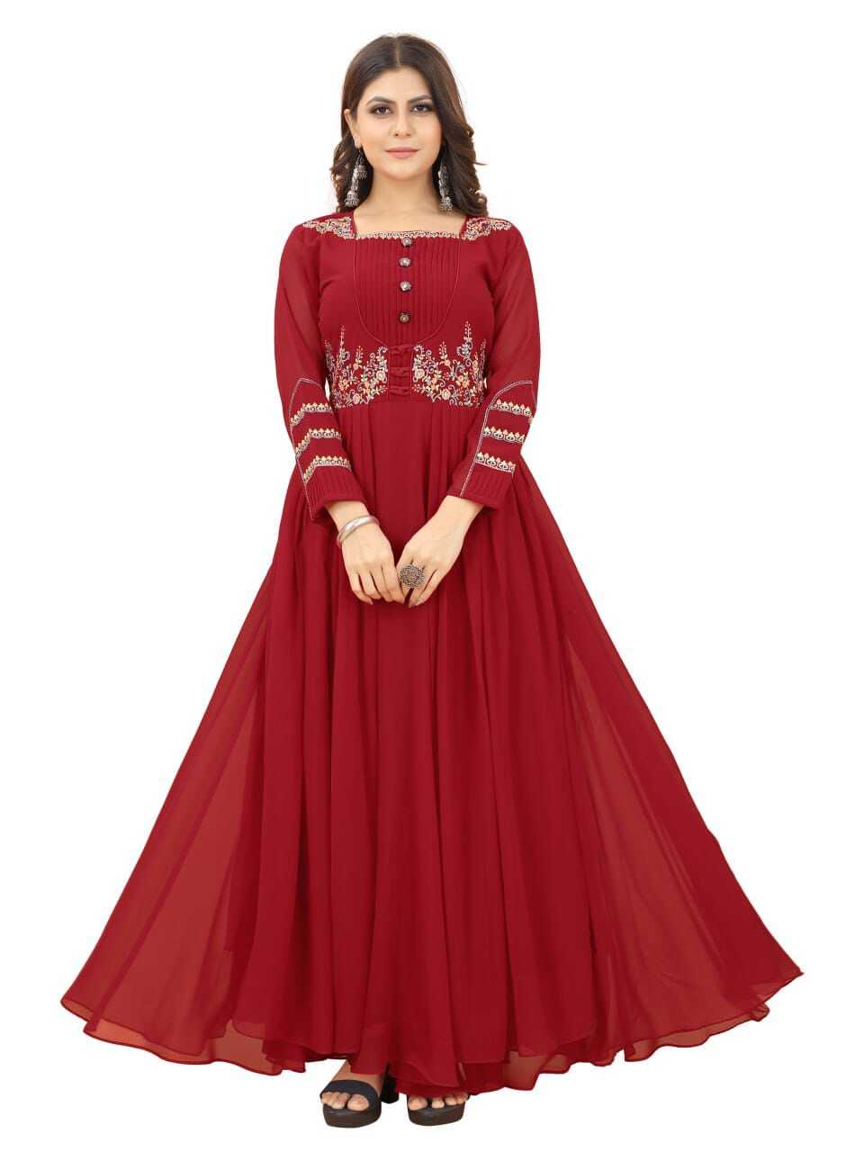 Georgette A-line Gown - Embroidered Maroon, Heavy American Crepe Lining, 3/4 Sleeve Availability In S-m-l-xl-xxl