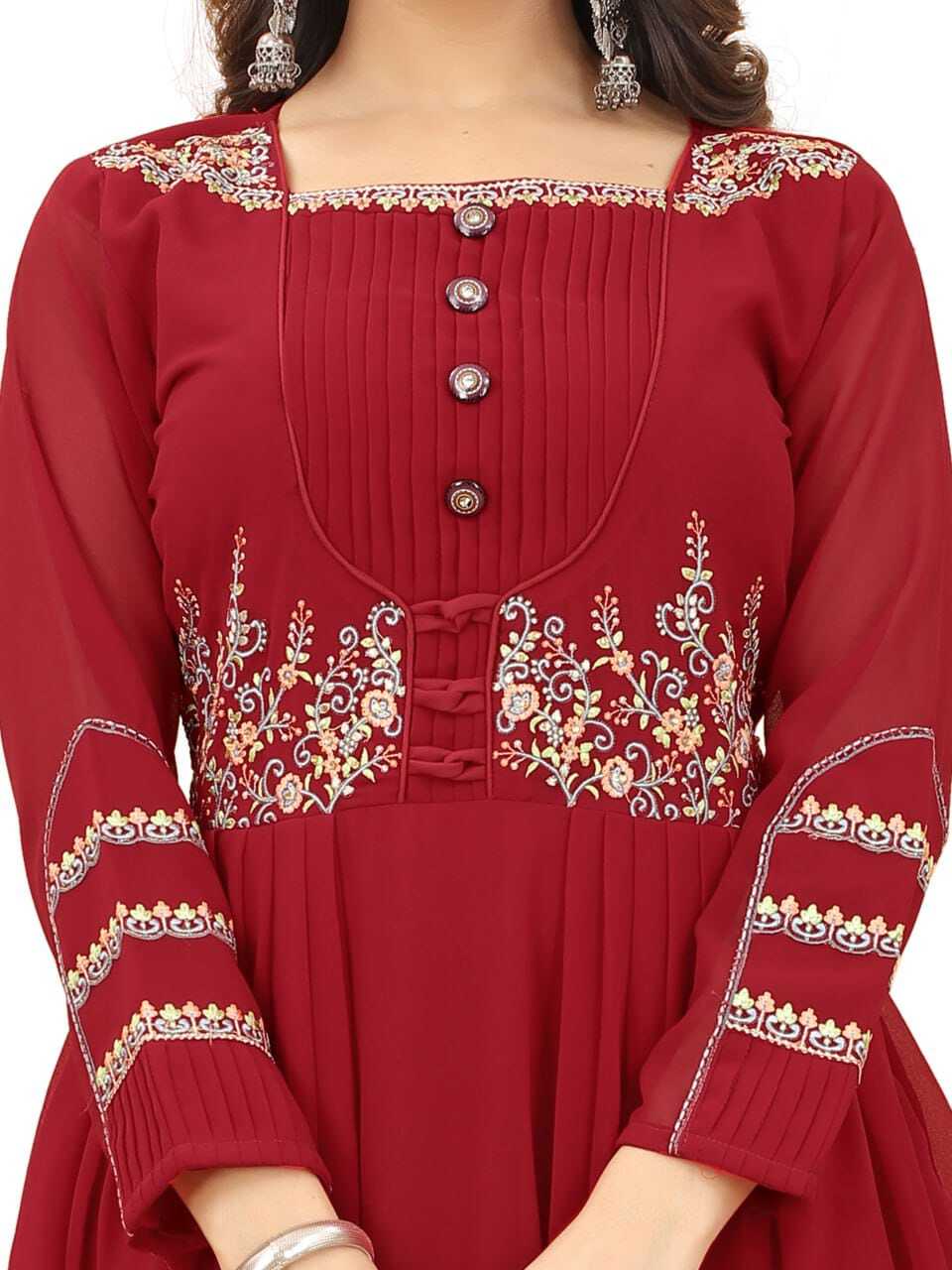 Georgette A-line Gown - Embroidered Maroon, Heavy American Crepe Lining, 3/4 Sleeve Availability In S-m-l-xl-xxl