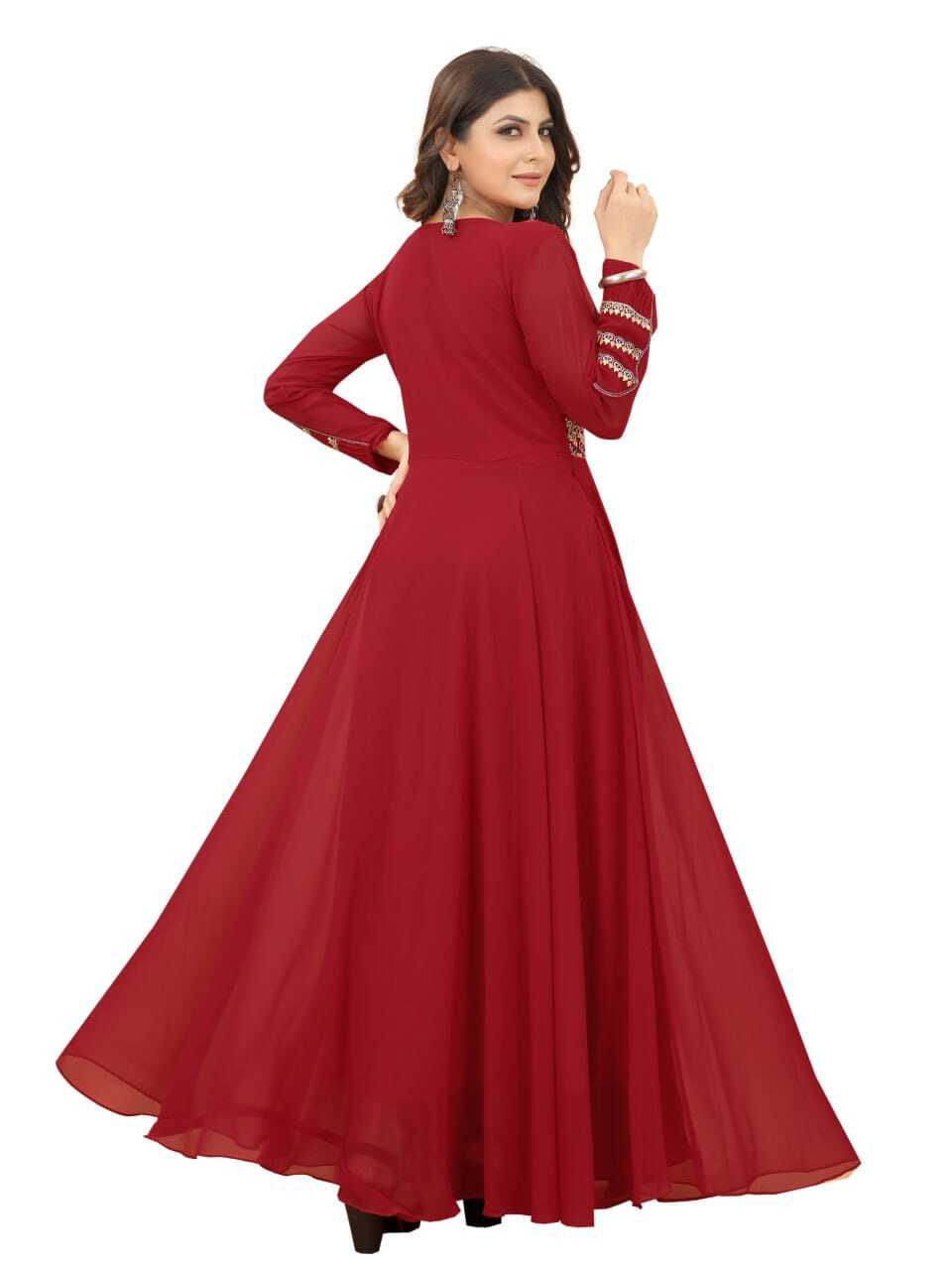Georgette A-line Gown - Embroidered Maroon, Heavy American Crepe Lining, 3/4 Sleeve Availability In S-m-l-xl-xxl
