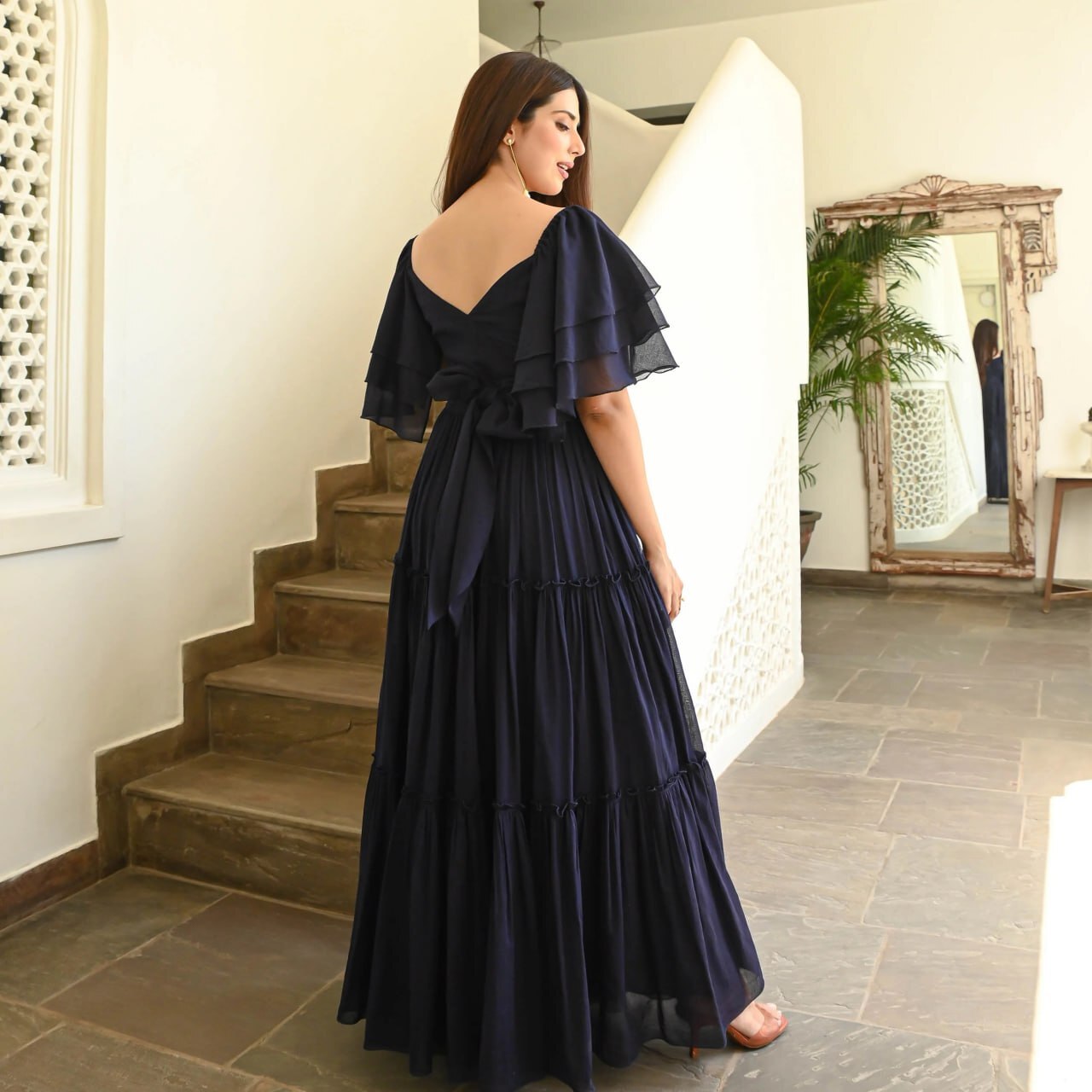 Georgette Embroidered A-line Gown - Size S-m-l-xl-xxl, Blue Color, 3/4 Sleeve, Heavy American Crepe Lining