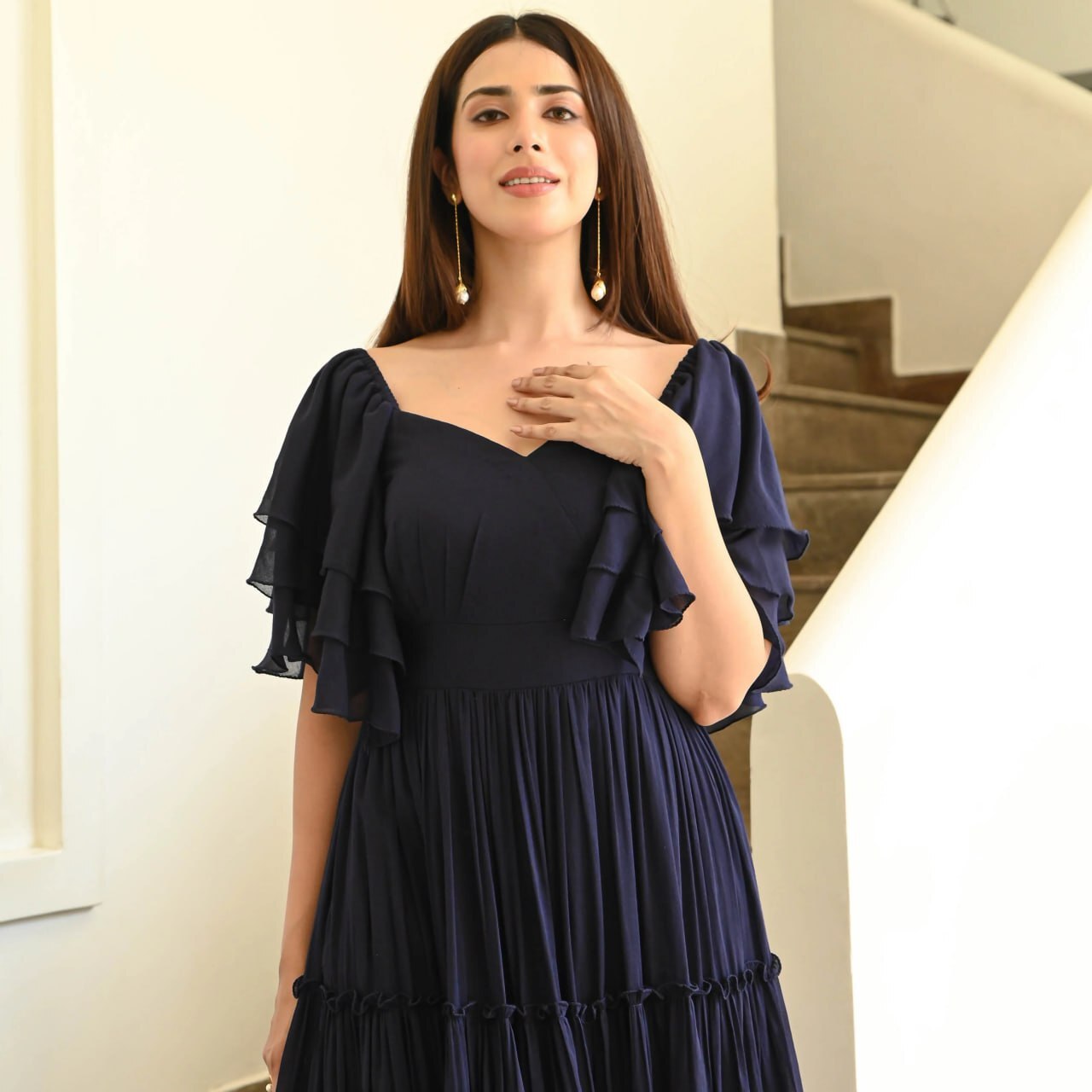 Georgette Embroidered A-line Gown - Size S-m-l-xl-xxl, Blue Color, 3/4 Sleeve, Heavy American Crepe Lining