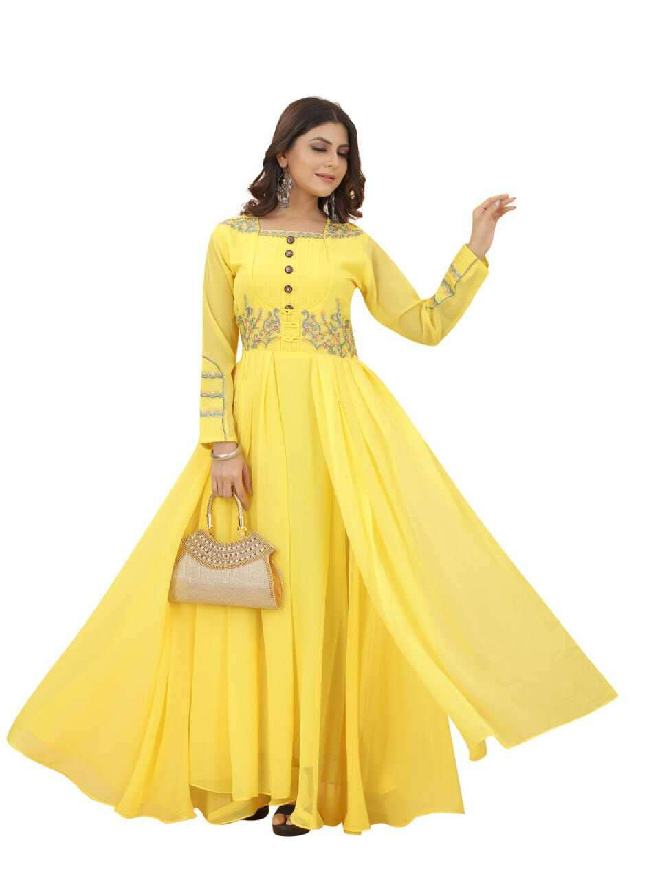 Georgette Embroidered A-line Gown - Size S-m-l-xl-xxl, Blue Color, 3/4 Sleeve, Heavy American Crepe Lining