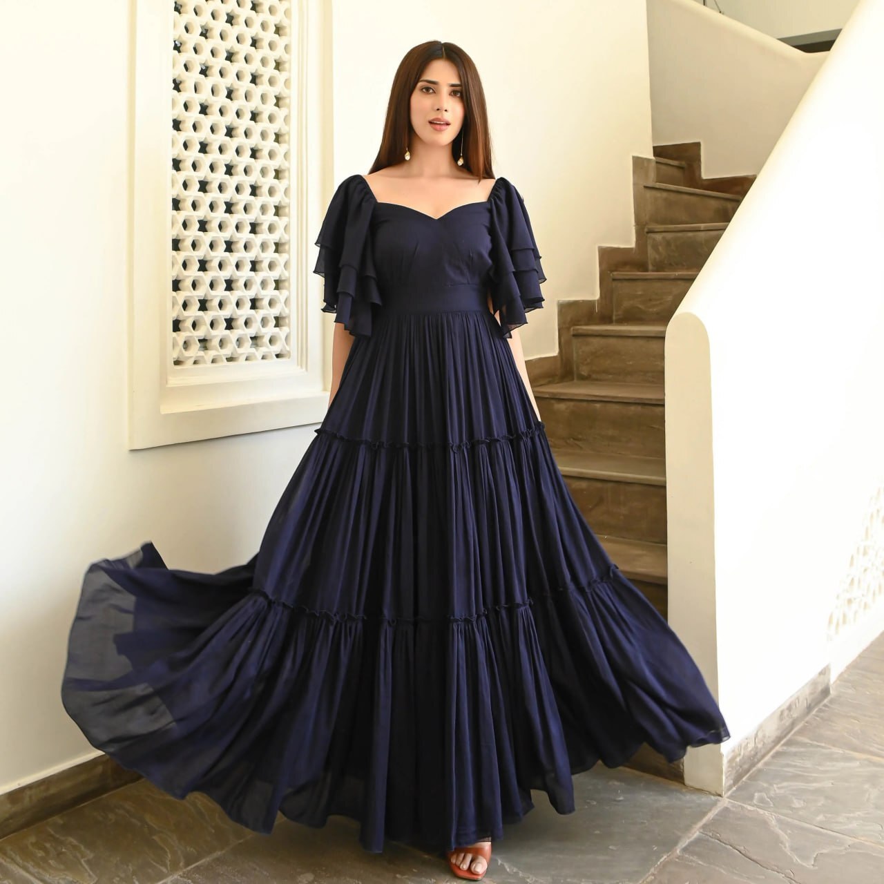 Georgette Embroidered A-line Gown - Size S-m-l-xl-xxl, Blue Color, 3/4 Sleeve, Heavy American Crepe Lining