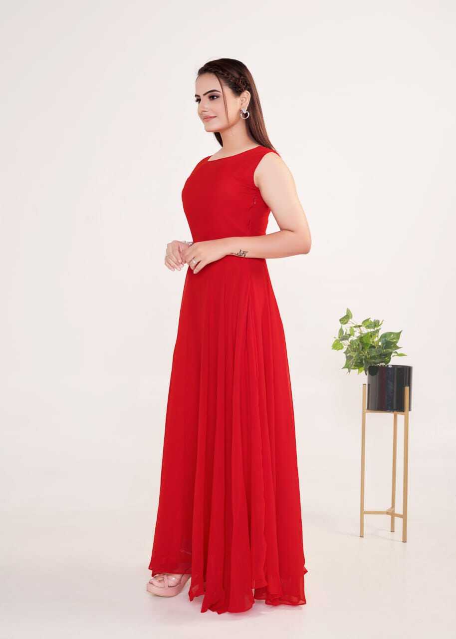 Georgette A-line Embroidered Gown - 54 Inch Length, Sleeveless Red Design With American Crepe Lining