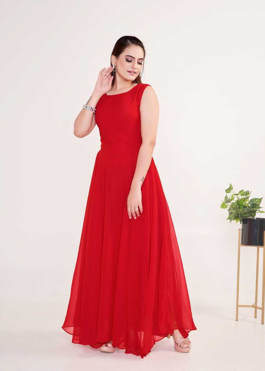 Georgette A-line Embroidered Gown - 54 Inch Length, Sleeveless Red Design With American Crepe Lining