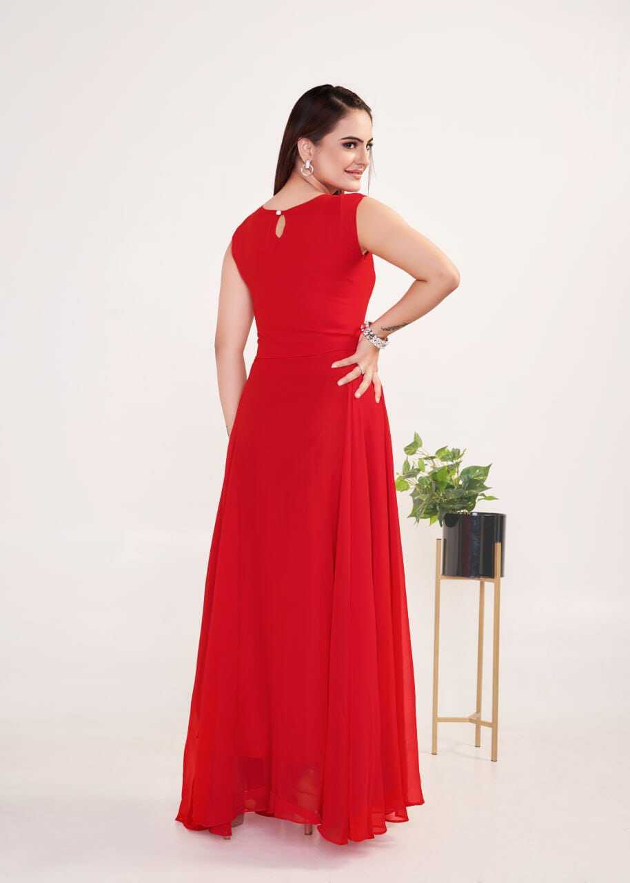 Georgette A-line Embroidered Gown - 54 Inch Length, Sleeveless Red Design With American Crepe Lining