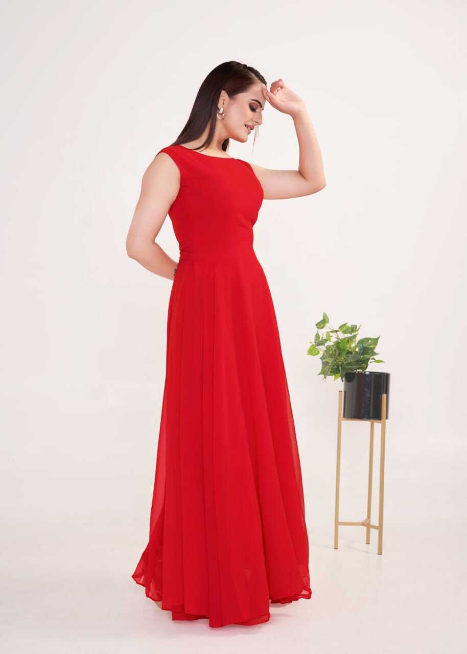 Georgette A-line Embroidered Gown - 54 Inch Length, Sleeveless Red Design With American Crepe Lining