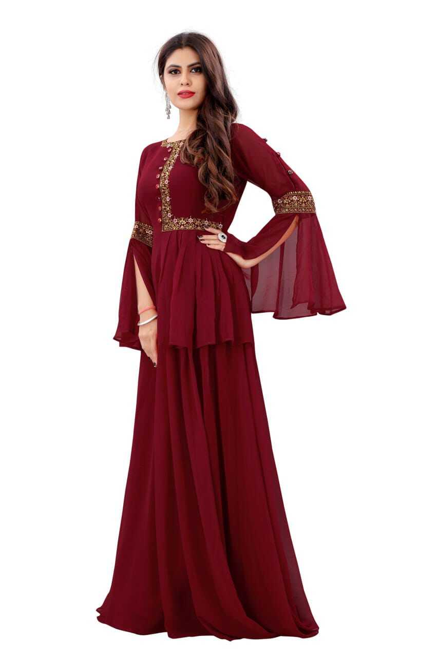 Fall Wedding Guest Dresses - Georgette A-line Embroidered Gown 54 Inch, Maroon Color, Comfortable Fit, Elegant Design, Sizes S-xxl