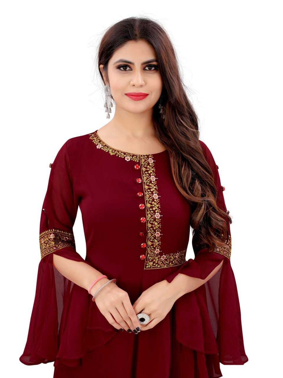 Fall Wedding Guest Dresses - Georgette A-line Embroidered Gown 54 Inch, Maroon Color, Comfortable Fit, Elegant Design, Sizes S-xxl