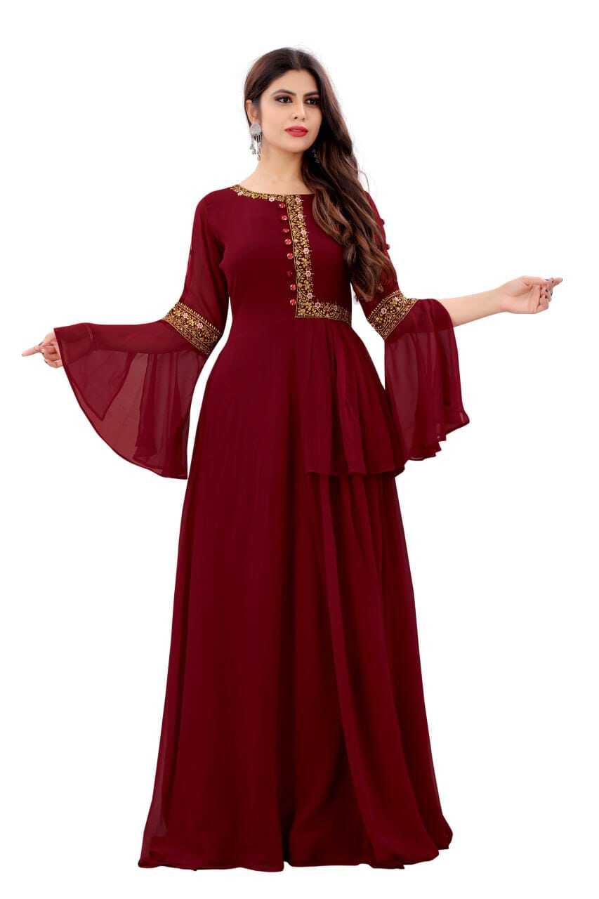 Fall Wedding Guest Dresses - Georgette A-line Embroidered Gown 54 Inch, Maroon Color, Comfortable Fit, Elegant Design, Sizes S-xxl