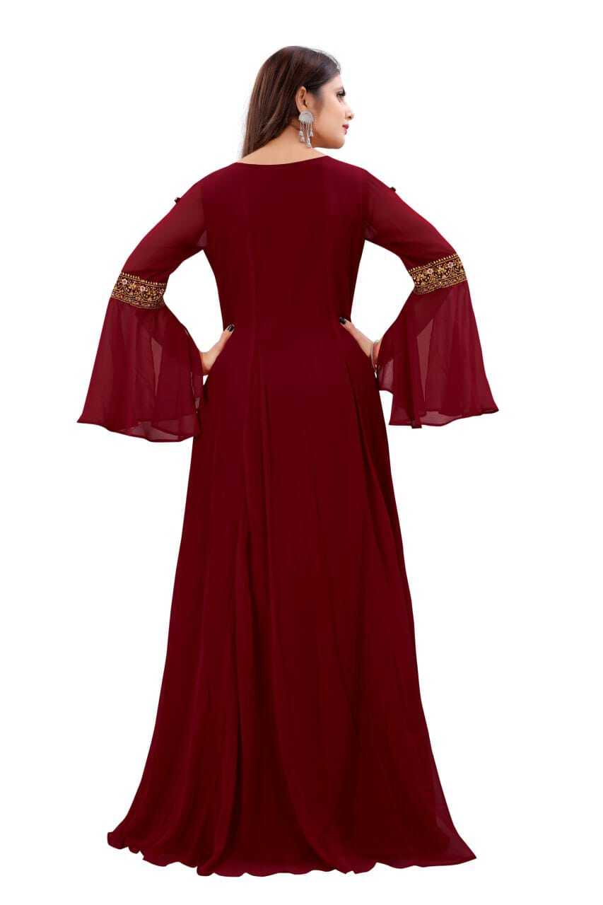 Fall Wedding Guest Dresses - Georgette A-line Embroidered Gown 54 Inch, Maroon Color, Comfortable Fit, Elegant Design, Sizes S-xxl