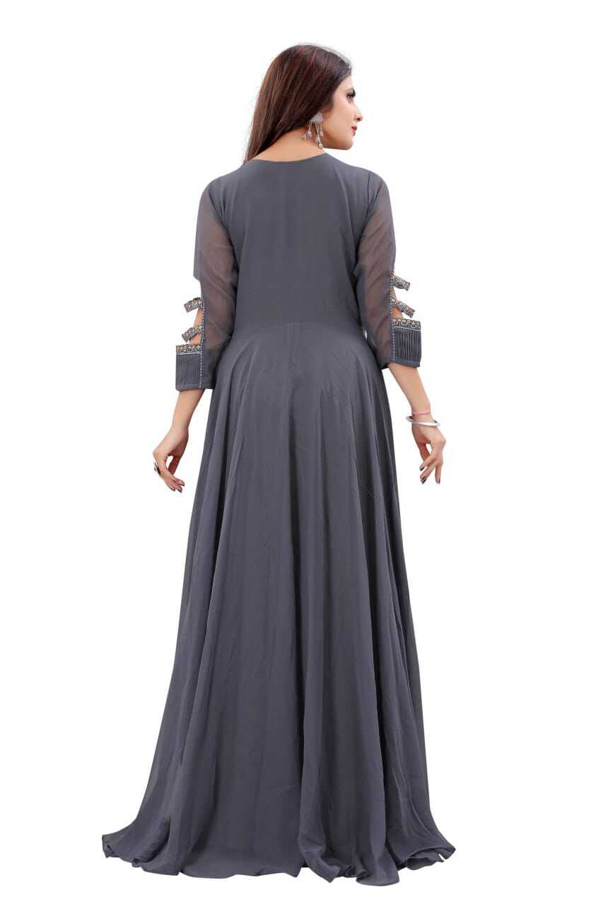 Plus Size Formal Dresses - Georgette A-line Embroidered Gown, 54 Inch Length, Grey Color, Comfortable American Crepe Lining, Sizes S-xxl