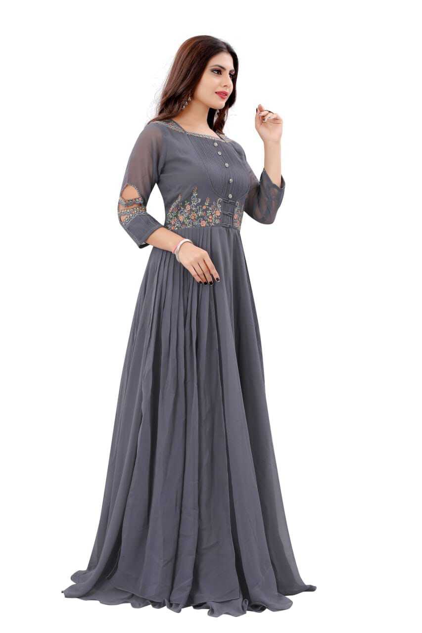 Plus Size Formal Dresses - Georgette A-line Embroidered Gown, 54 Inch Length, Grey Color, Comfortable American Crepe Lining, Sizes S-xxl