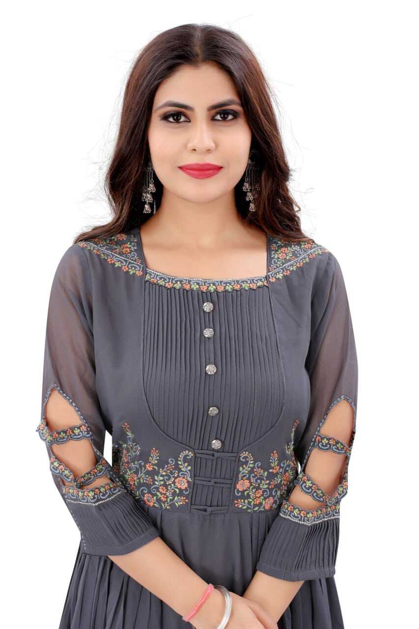 Plus Size Formal Dresses - Georgette A-line Embroidered Gown, 54 Inch Length, Grey Color, Comfortable American Crepe Lining, Sizes S-xxl