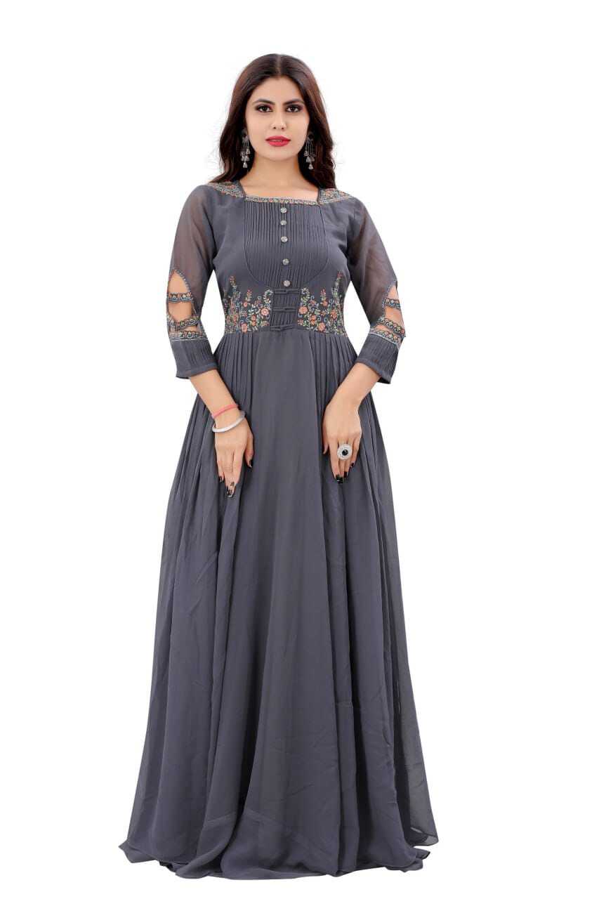 Plus Size Formal Dresses - Georgette A-line Embroidered Gown, 54 Inch Length, Grey Color, Comfortable American Crepe Lining, Sizes S-xxl