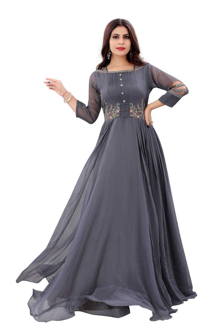 Plus Size Formal Dresses - Georgette A-line Embroidered Gown, 54 Inch Length, Grey Color, Comfortable American Crepe Lining, Sizes S-xxl