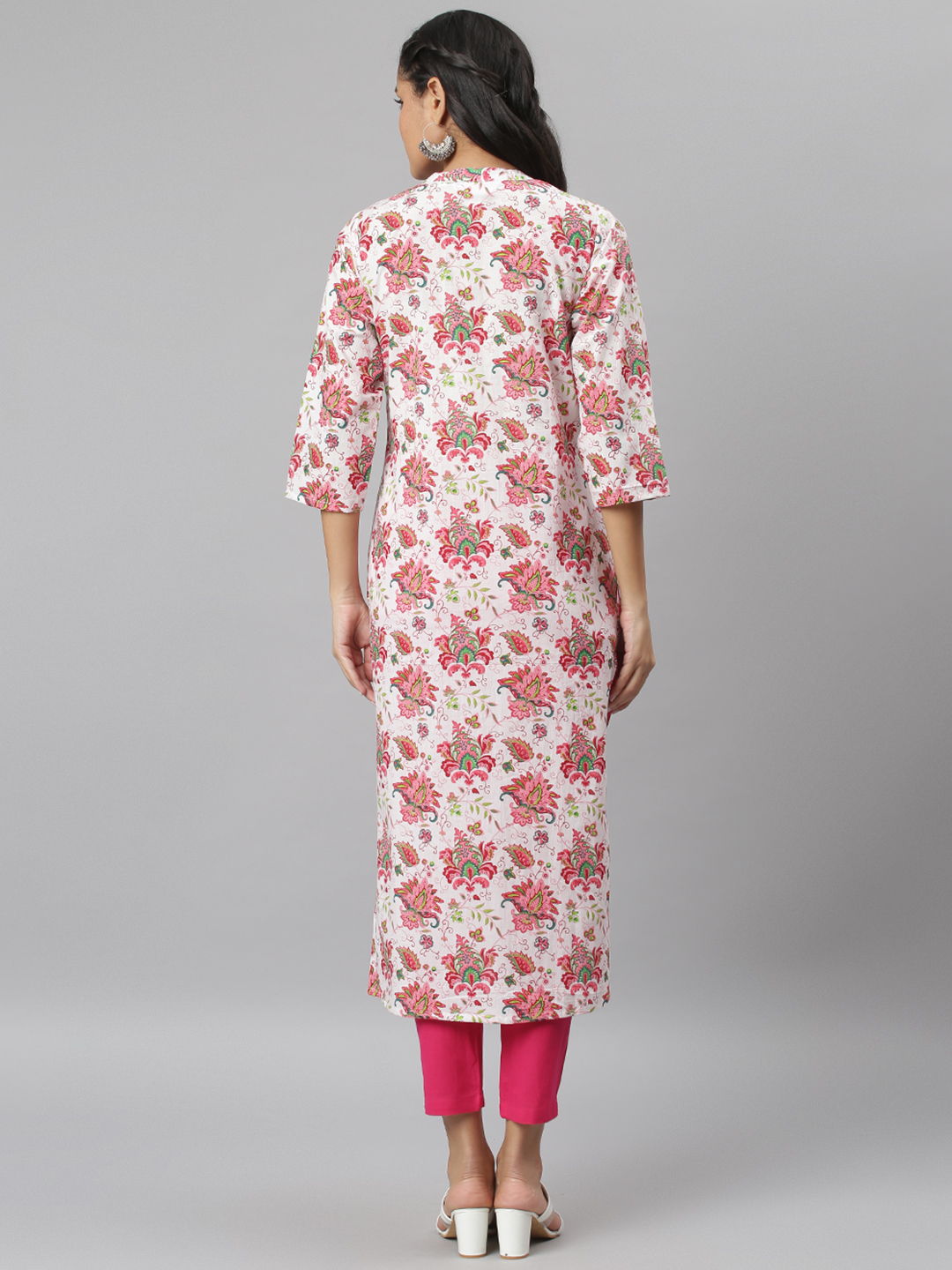 Women Printed Kurti - Cotton Fabric, Size S To Xxl, Multicolor Floral Pattern, 3-4th Sleeves, Quick Dry, Washable, Ethnic Style For Casual And Party Wear
