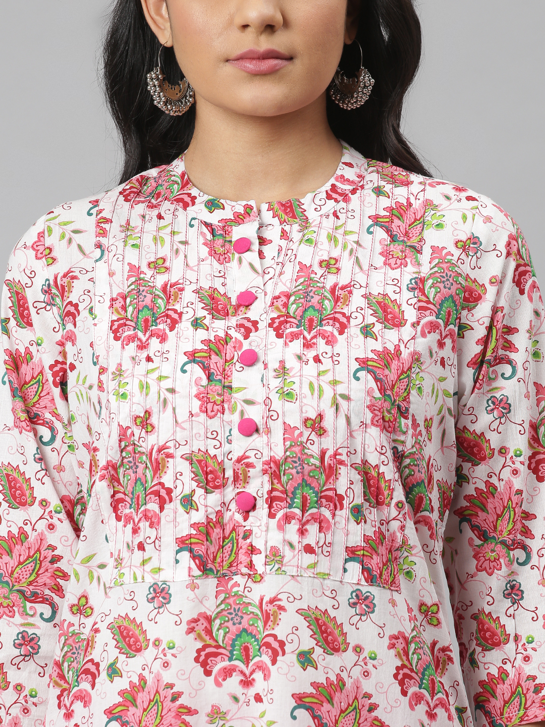 Women Printed Kurti - Cotton Fabric, Size S To Xxl, Multicolor Floral Pattern, 3-4th Sleeves, Quick Dry, Washable, Ethnic Style For Casual And Party Wear