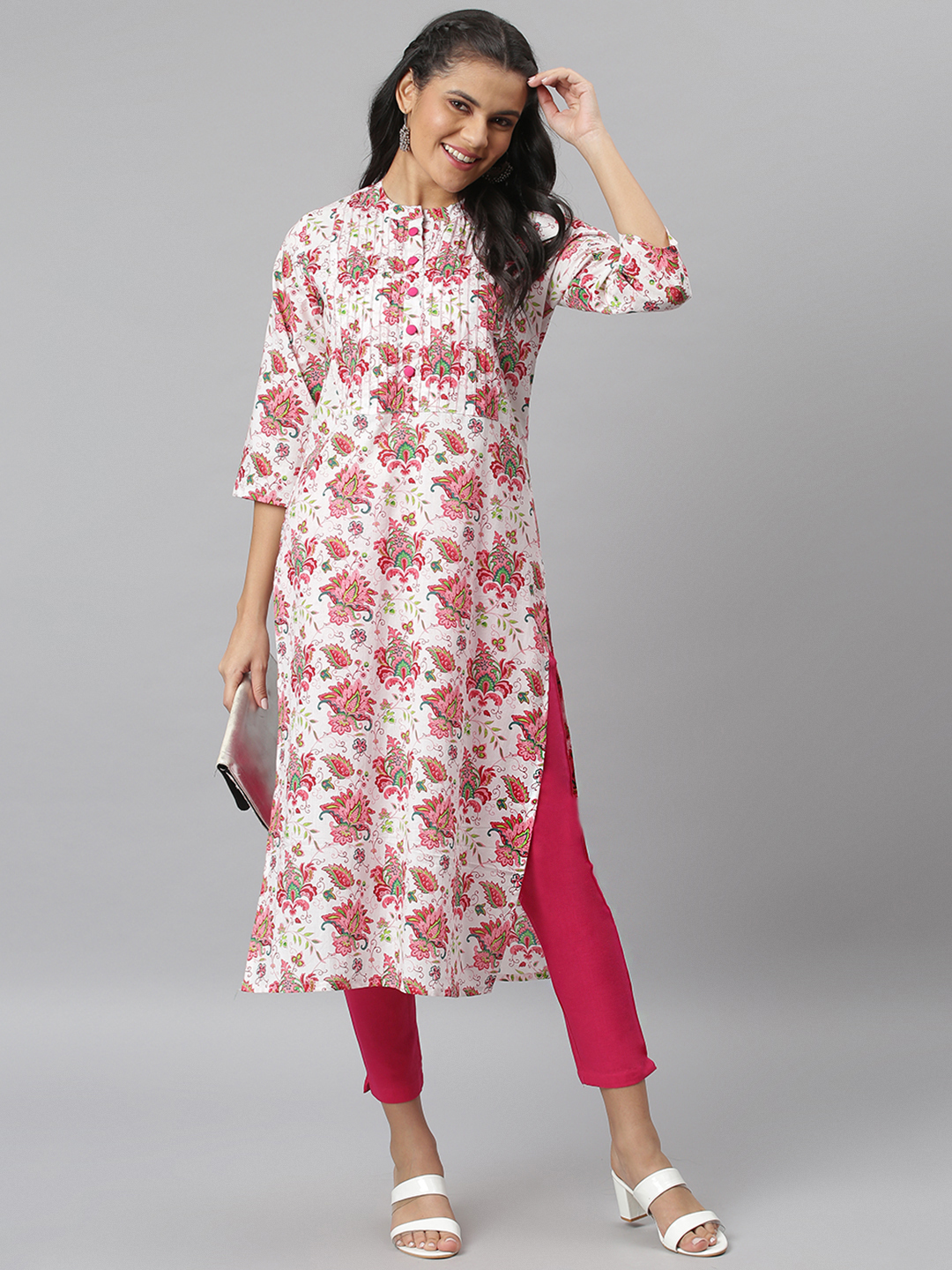 Women Printed Kurti - Cotton Fabric, Size S To Xxl, Multicolor Floral Pattern, 3-4th Sleeves, Quick Dry, Washable, Ethnic Style For Casual And Party Wear
