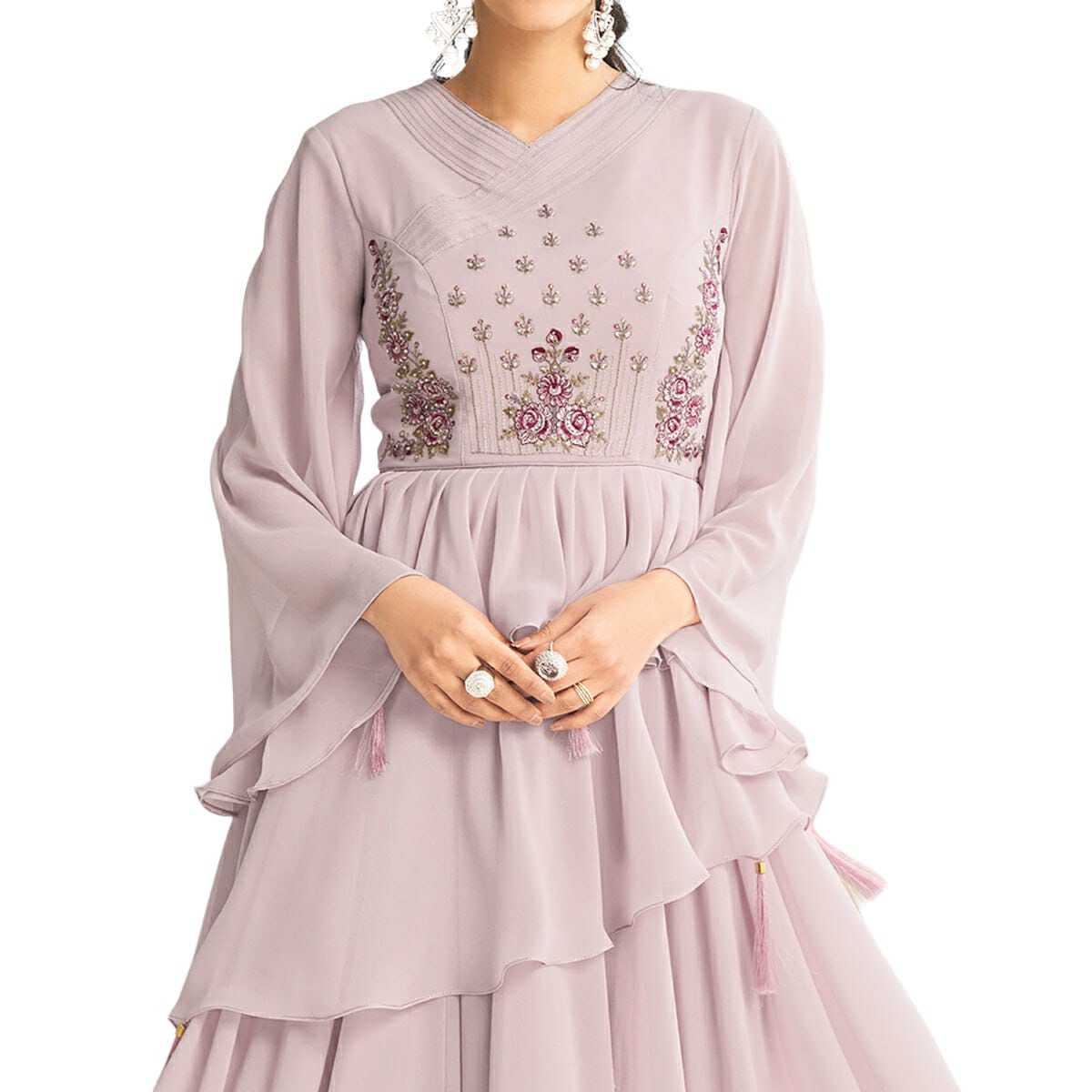 Gown For Wedding - Light Pink Georgette A-line Embroidered Gown, 54 Inch Length With American Crepe Lining, Sizes S-3xl, Elegant & Stylish Design