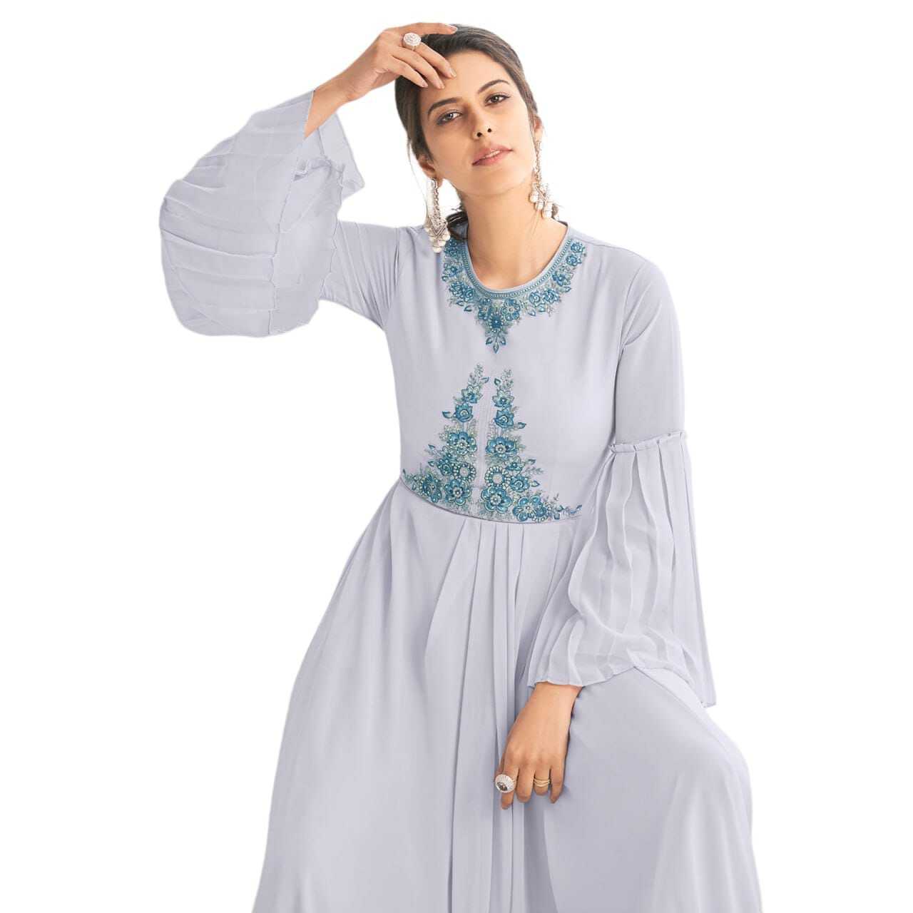 Embroidery Thread Work Gown - Georgette, 54 Inch Length, Lavender Color, Sizes S-3xl | Comfortable Fit, Elegant Design, Intricate Embroidery, Stylish Tassels