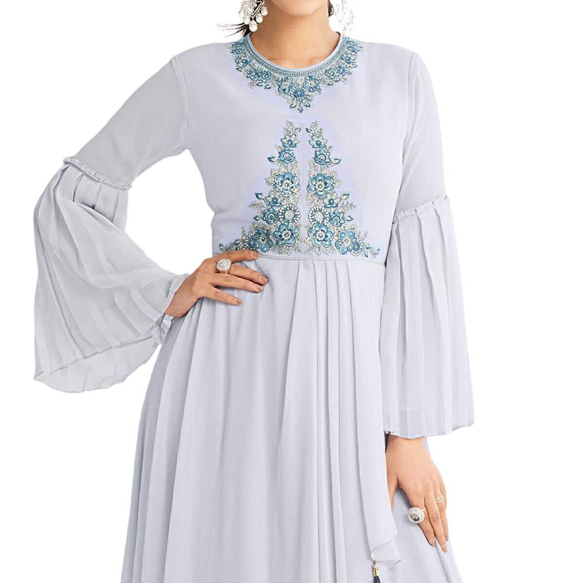 Embroidery Thread Work Gown - Georgette, 54 Inch Length, Lavender Color, Sizes S-3xl | Comfortable Fit, Elegant Design, Intricate Embroidery, Stylish Tassels