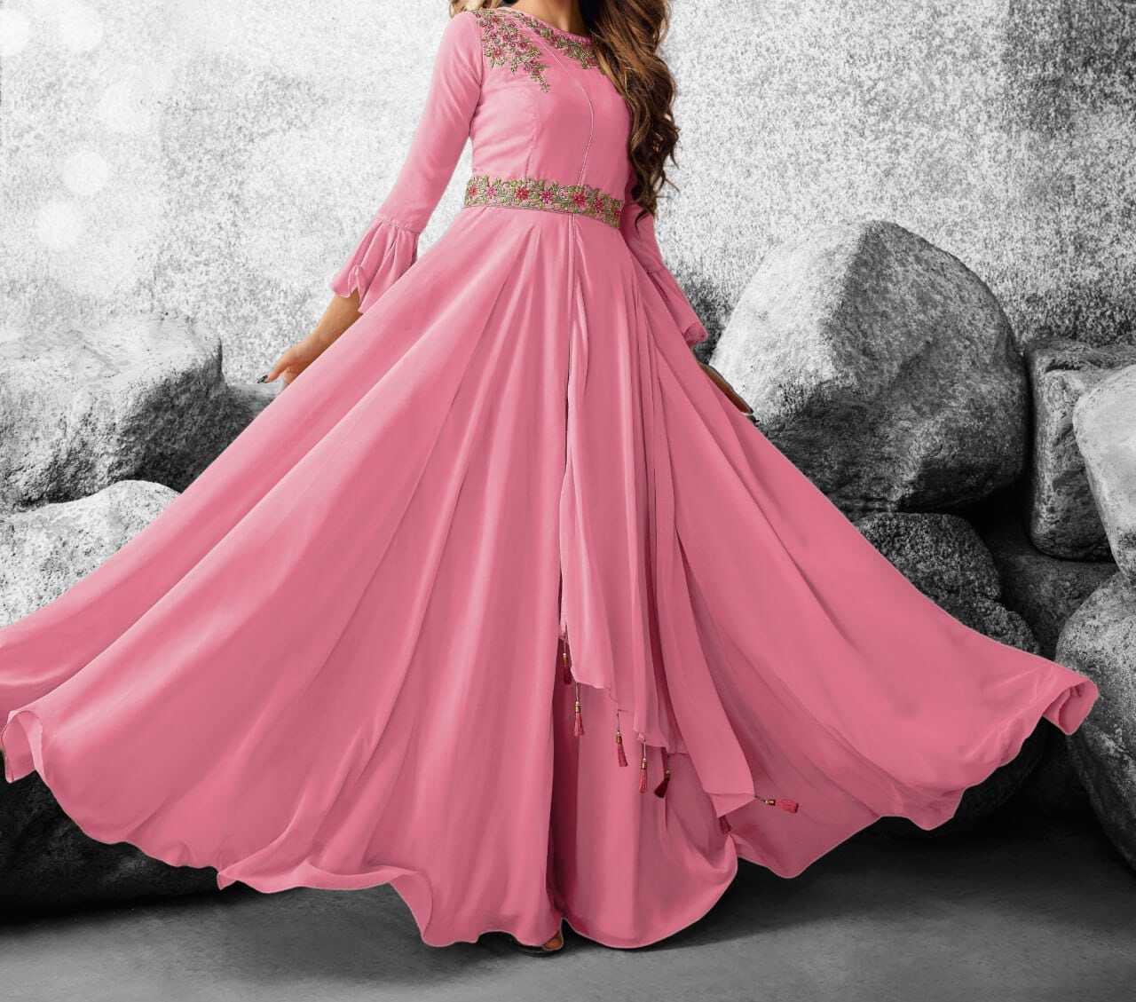 Fancy Long Gown - Georgette, 54 Inch Length, Pink, Sizes S-3xl | A-line Silhouette, Intricate Embroidery, Comfortable Fit, Stylish Look